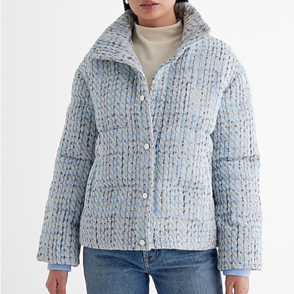 Express Light Blue Tweed Puffer Jacket